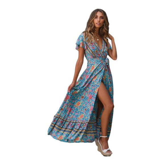 Hello Molly Tie Down Maxi Dress in Turquoise - Picture 3 of 10